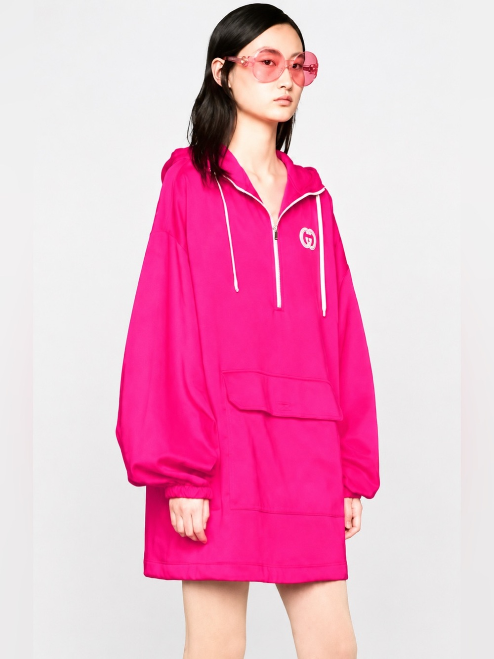 Gucci GG Logo Oversized Half Zip Hoodie Dress Fuchsia Pink XS Italy